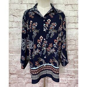 CHICO'S Navy Blue Orange Green Floral 3/4 Sleeve Button Up Shirt Top Size 2 / L
